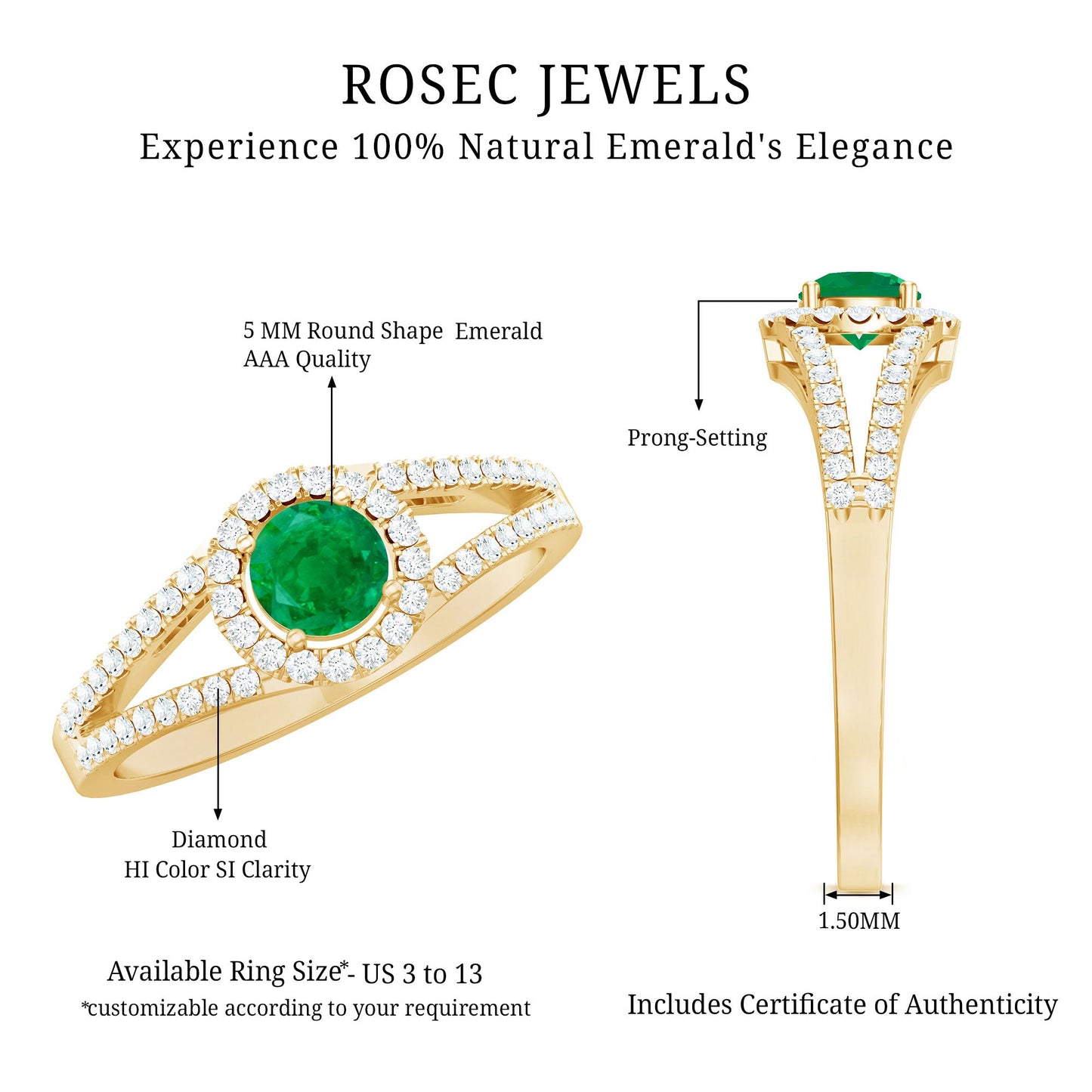 Classic Emerald Split Shank Engagement Ring with Diamond Halo