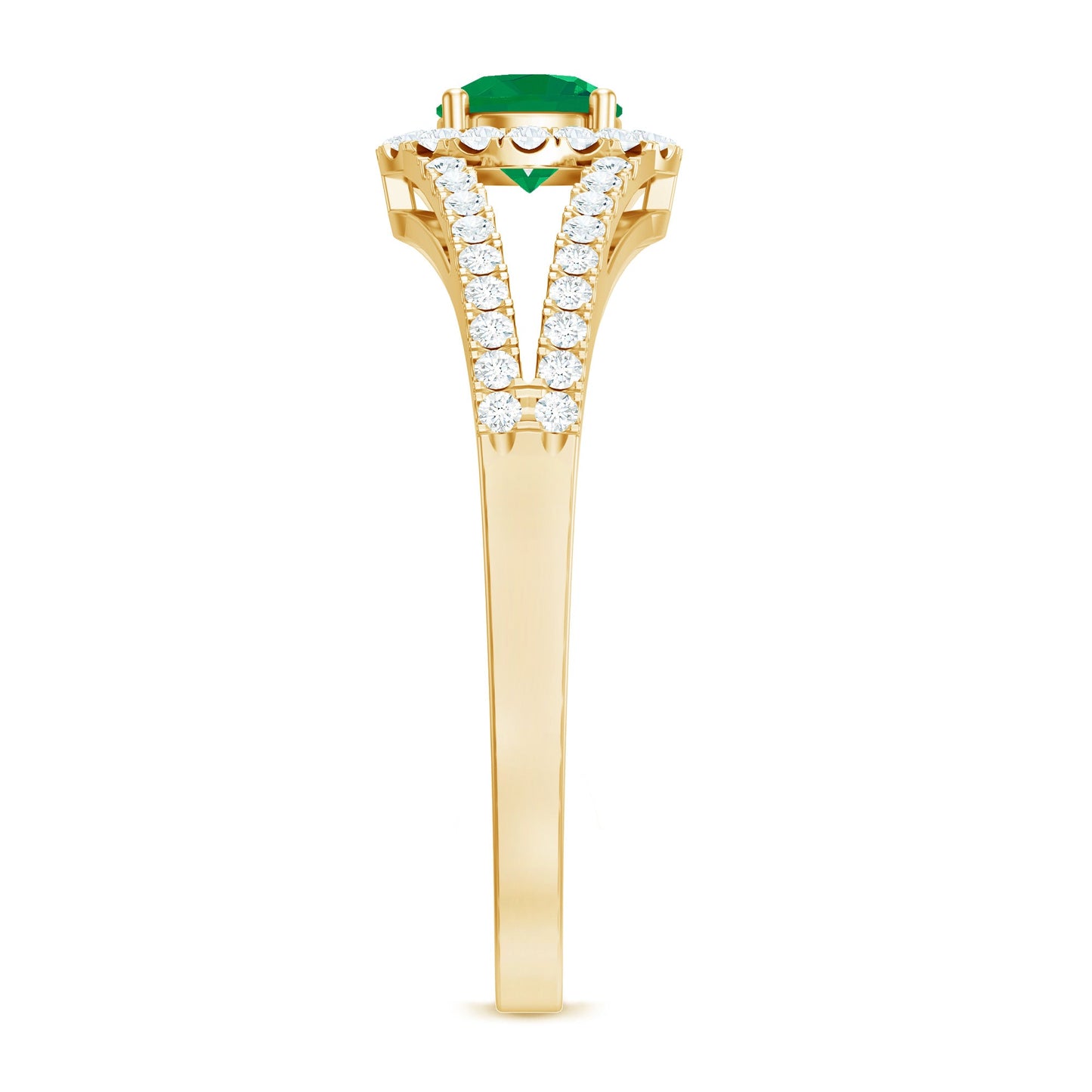Classic Emerald Split Shank Engagement Ring with Diamond Halo