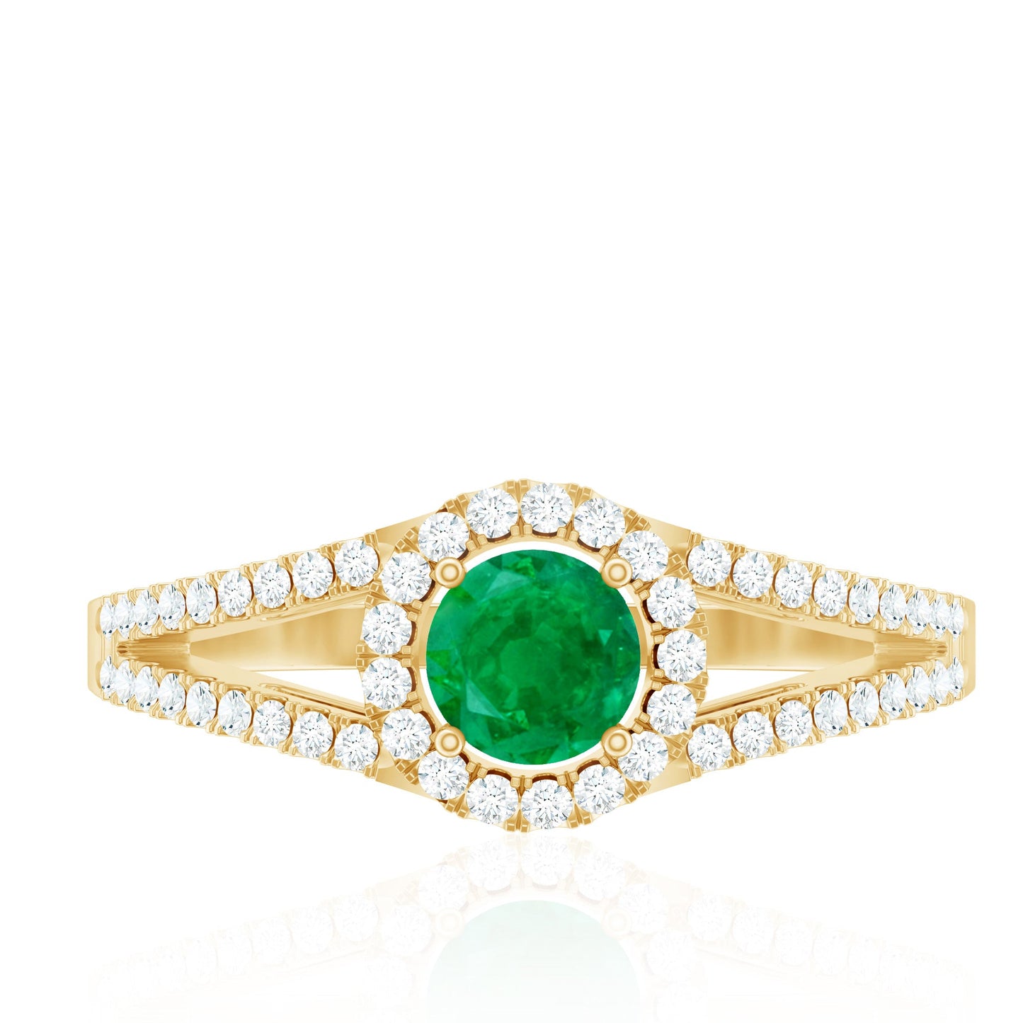 Classic Emerald Split Shank Engagement Ring with Diamond Halo