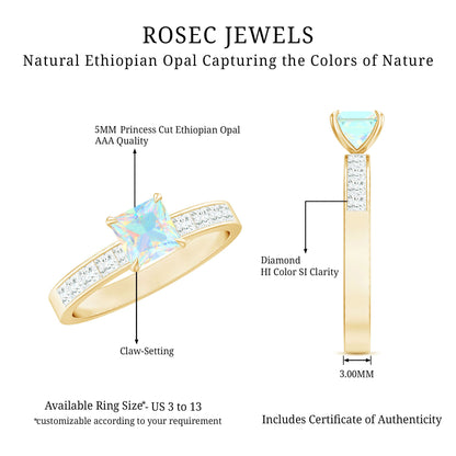 Certified Real Ethiopian Opal Princess Cut Engagement Ring with Diamond