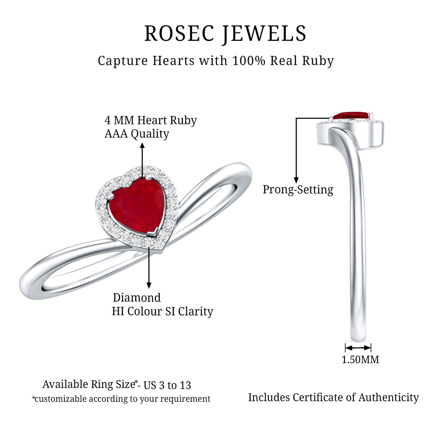 Genuine Half Carat Ruby Heart Promise Ring with Diamond Halo