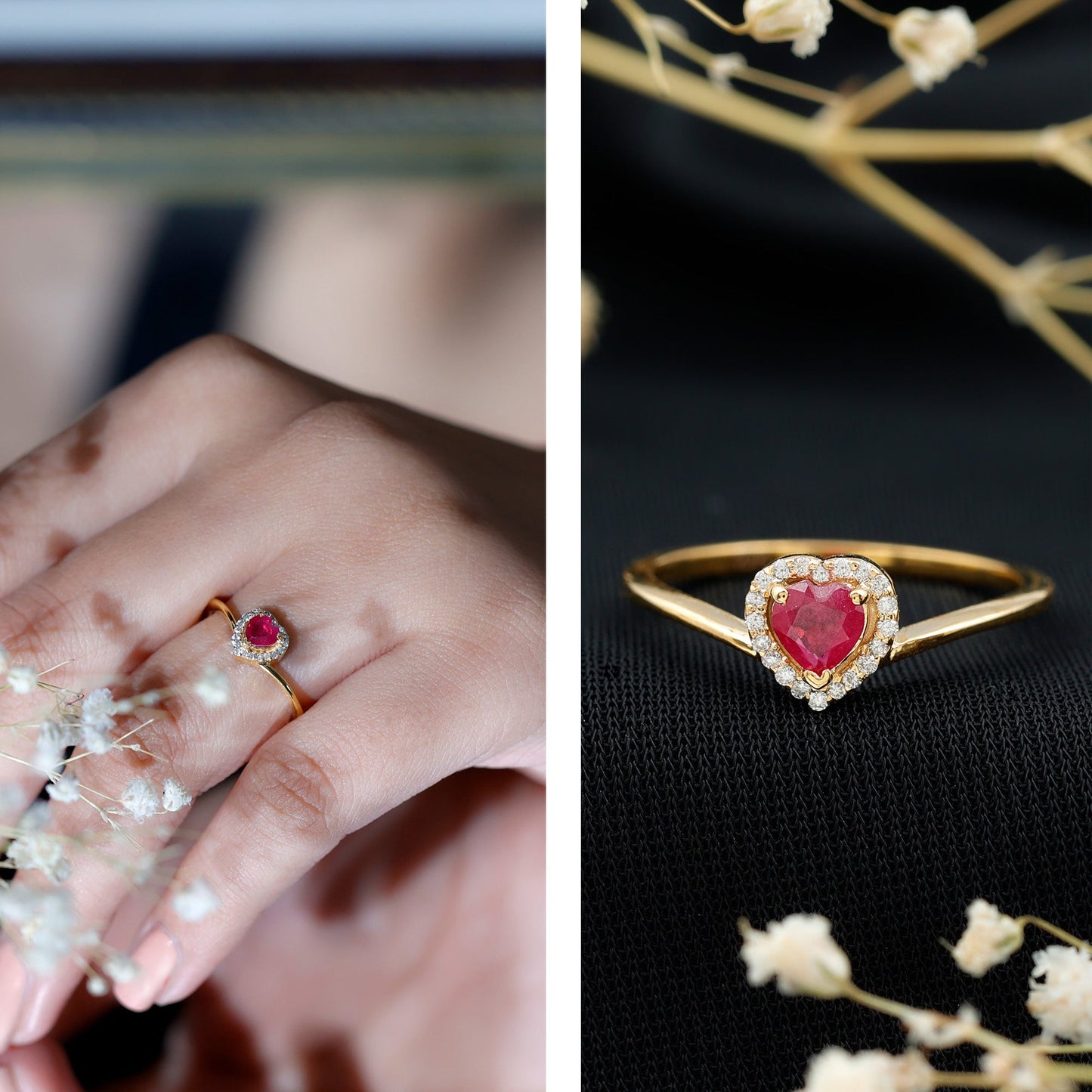Genuine Half Carat Ruby Heart Promise Ring with Diamond Halo