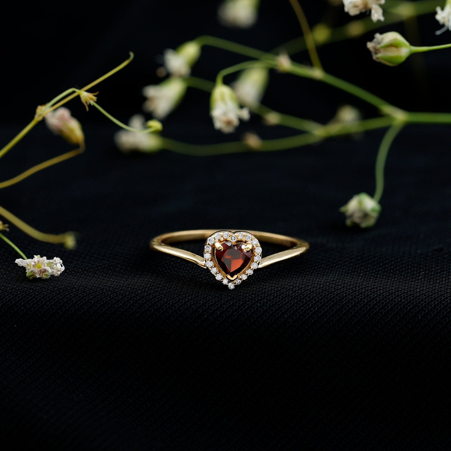 Certified Real Garnet Heart Promise Ring with Diamond Halo