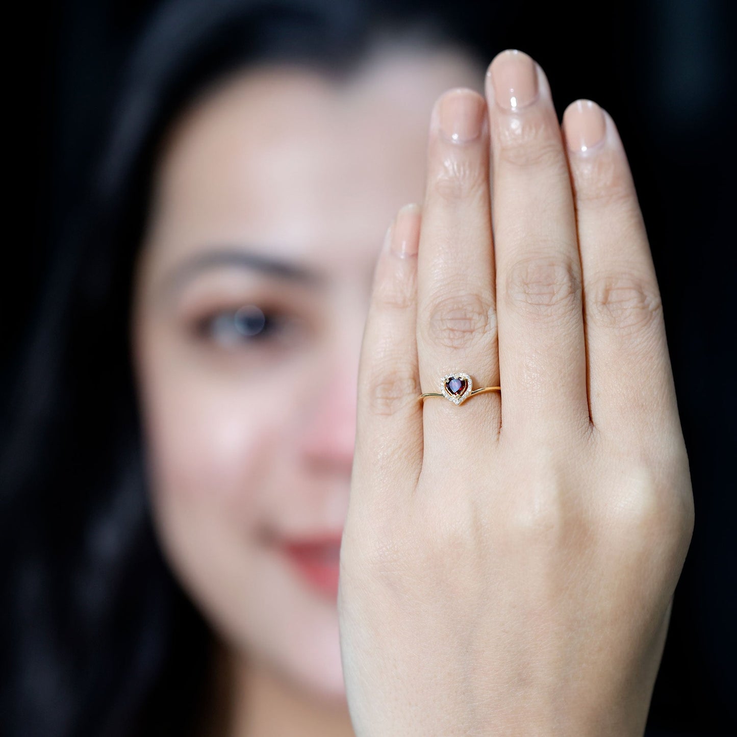 Certified Real Garnet Heart Promise Ring with Diamond Halo