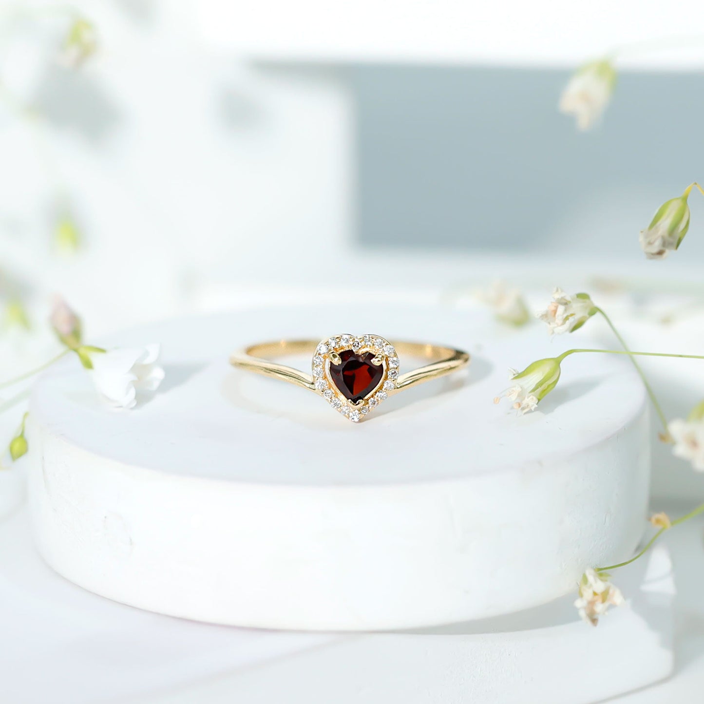 Certified Real Garnet Heart Promise Ring with Diamond Halo