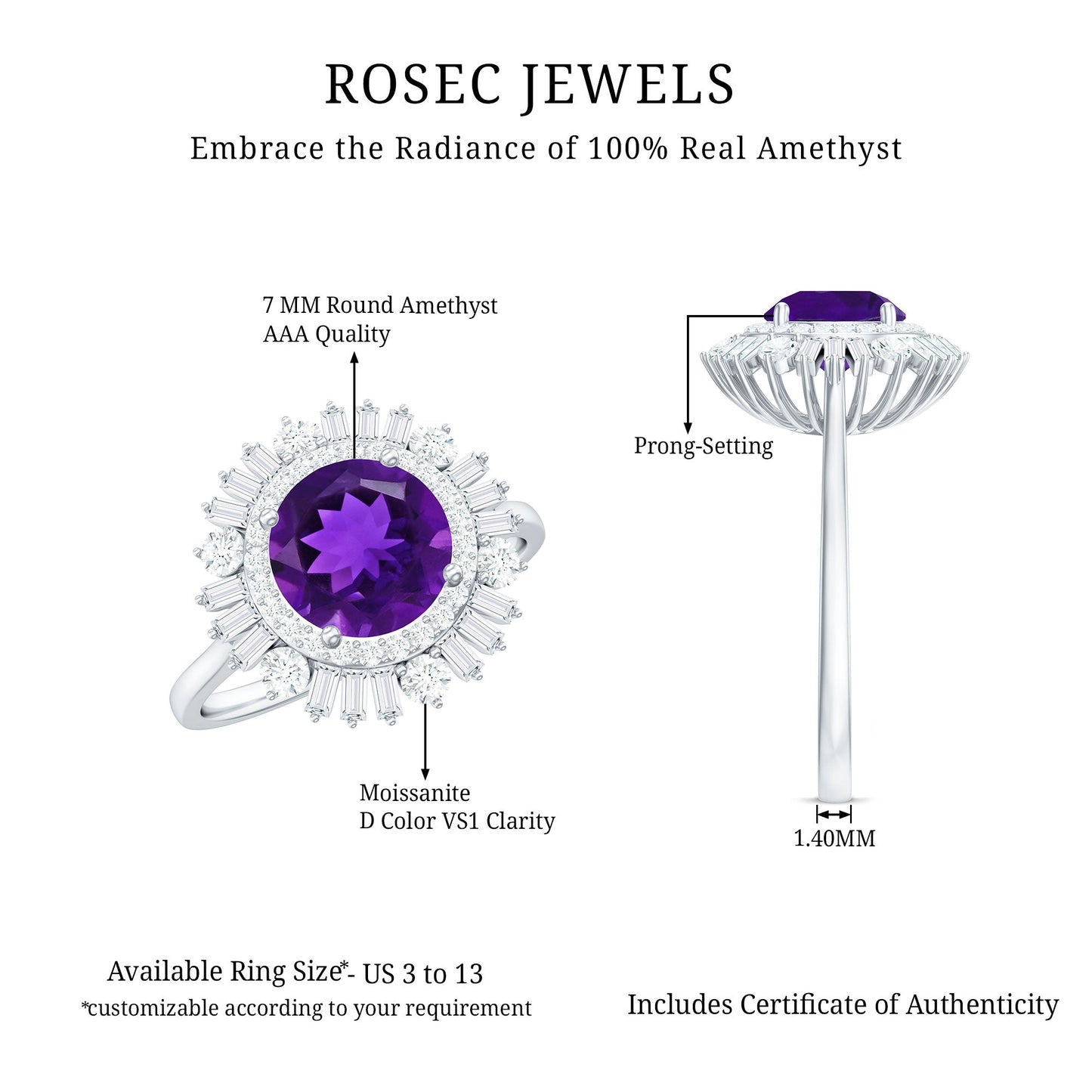 Natural 1.2 Carat Amethyst Statement Engagement Ring with Moissanite Double Halo
