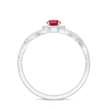 Criss Cross Shank Created Ruby and Diamond Halo Engagement Ring