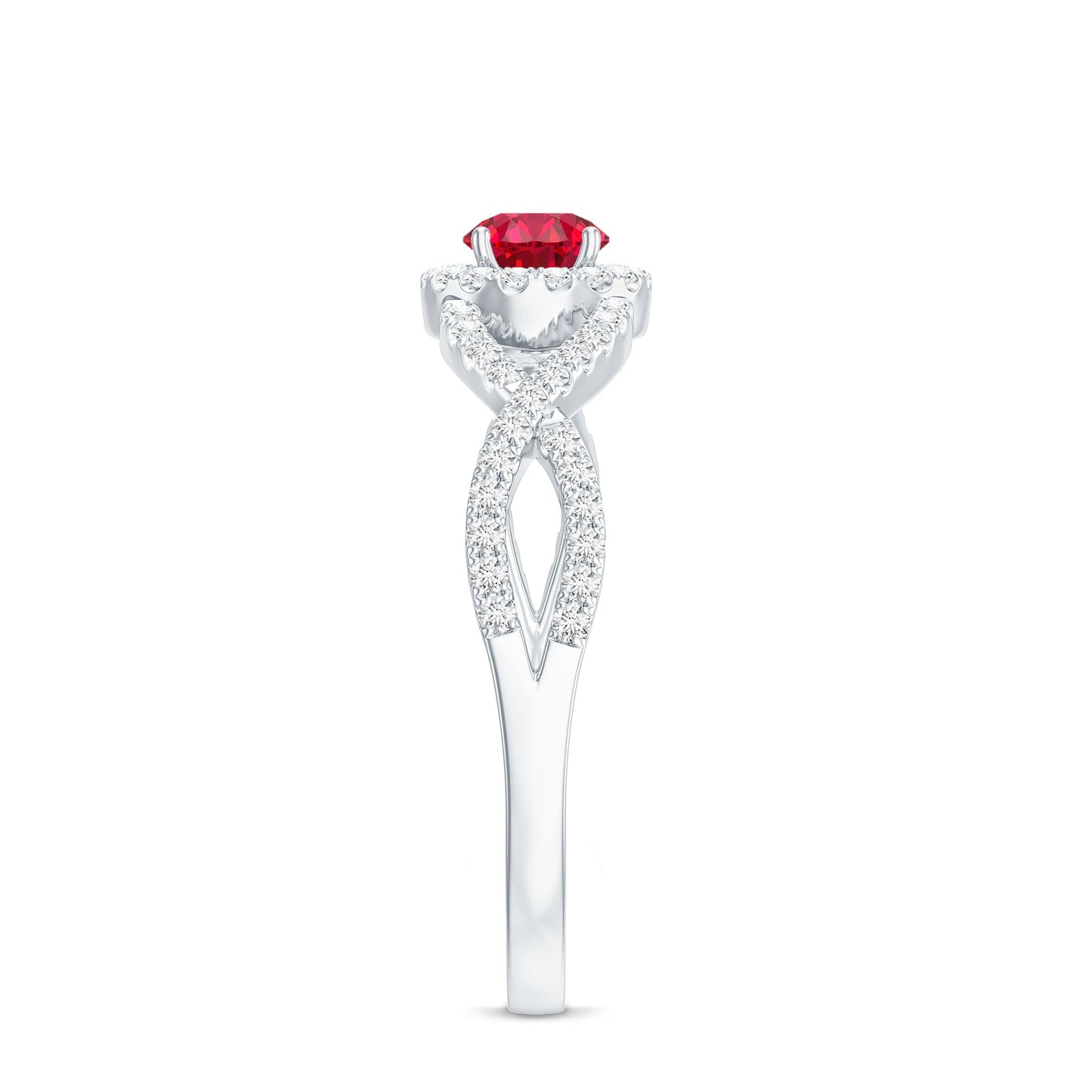 Criss Cross Shank Created Ruby and Diamond Halo Engagement Ring