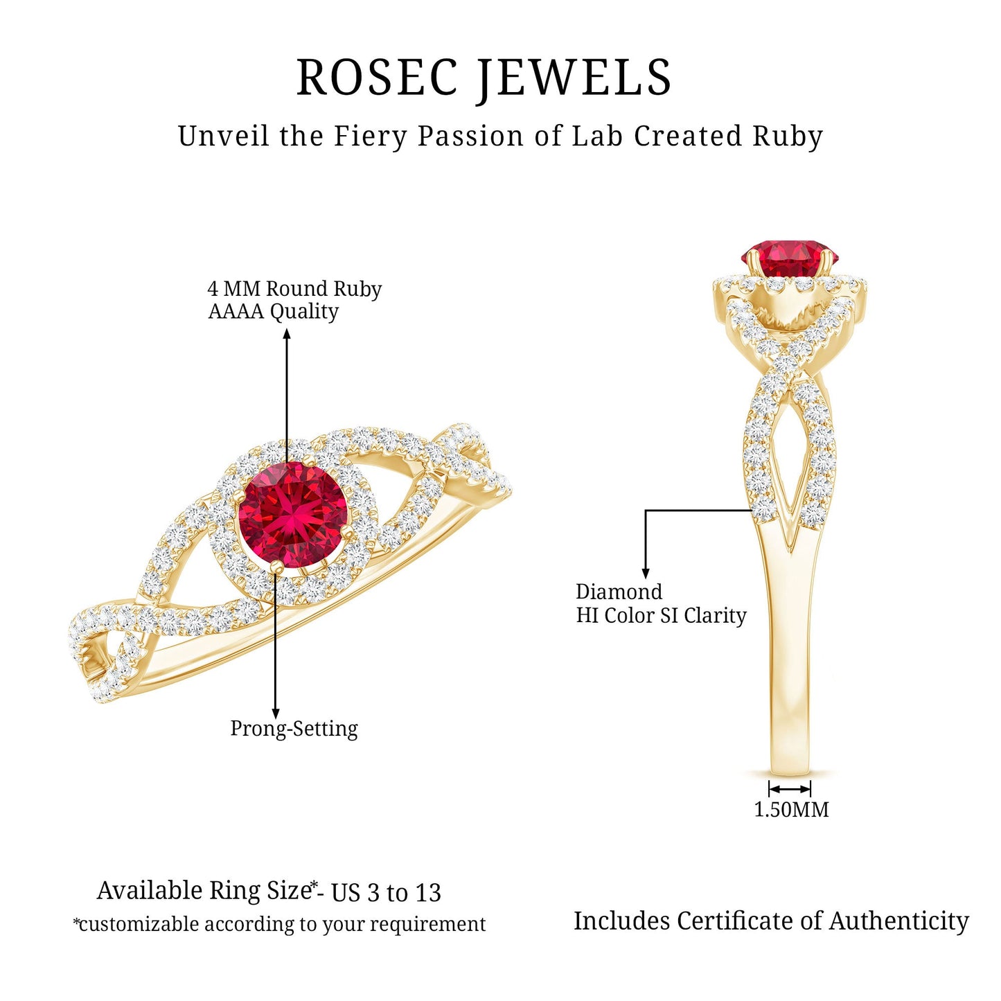 Criss Cross Shank Created Ruby and Diamond Halo Engagement Ring