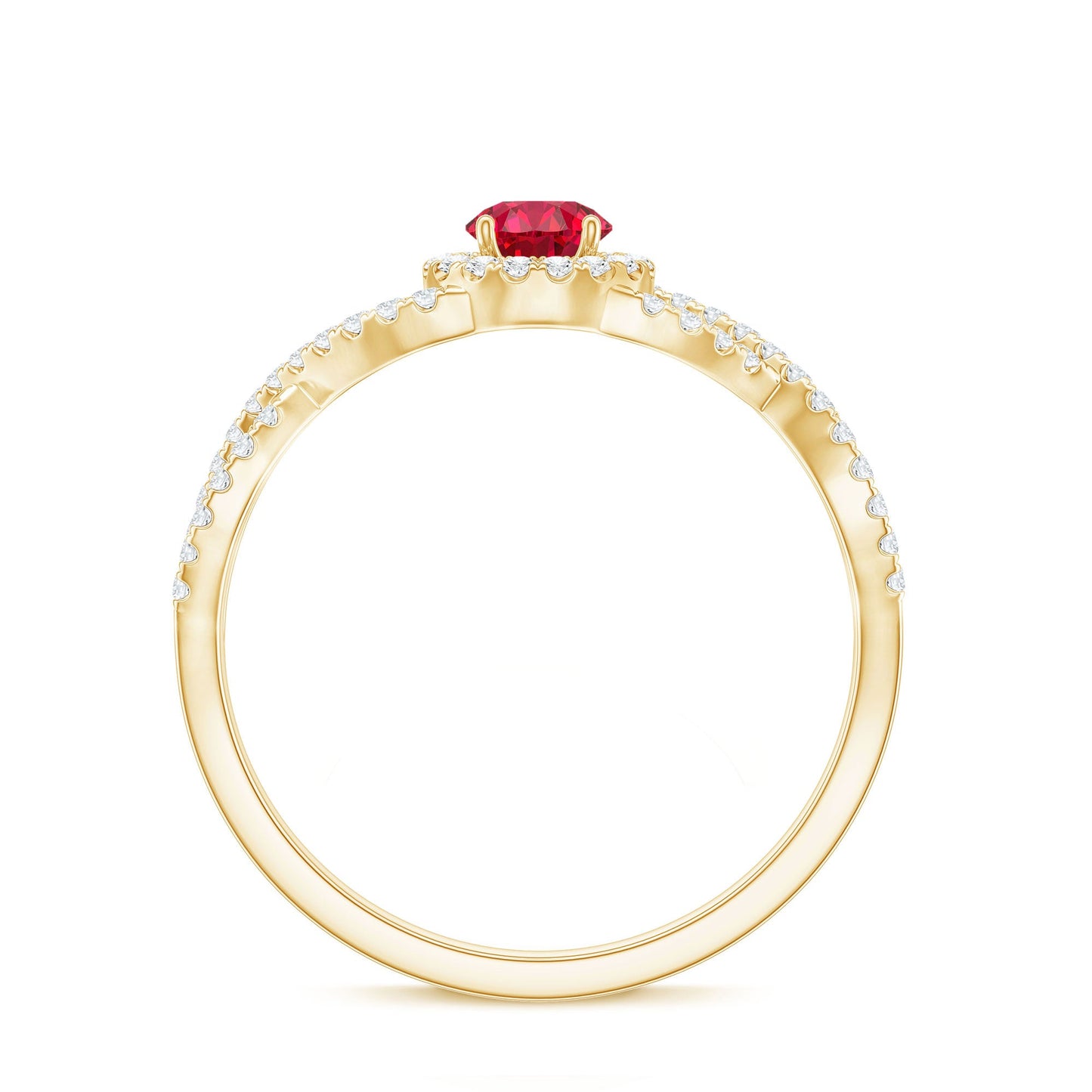 Criss Cross Shank Created Ruby and Diamond Halo Engagement Ring