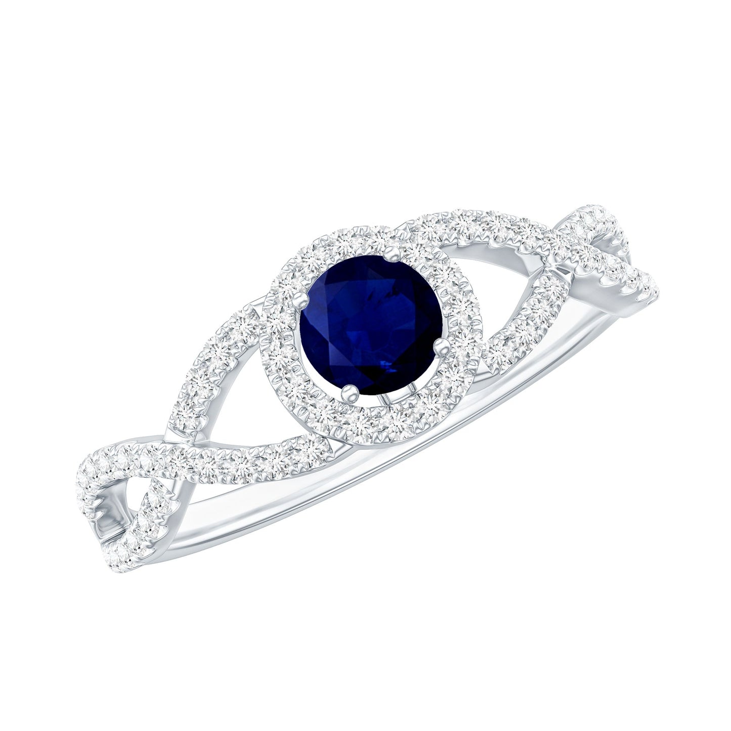 Criss Cross Shank Blue Sapphire and Diamond Halo Engagement Ring