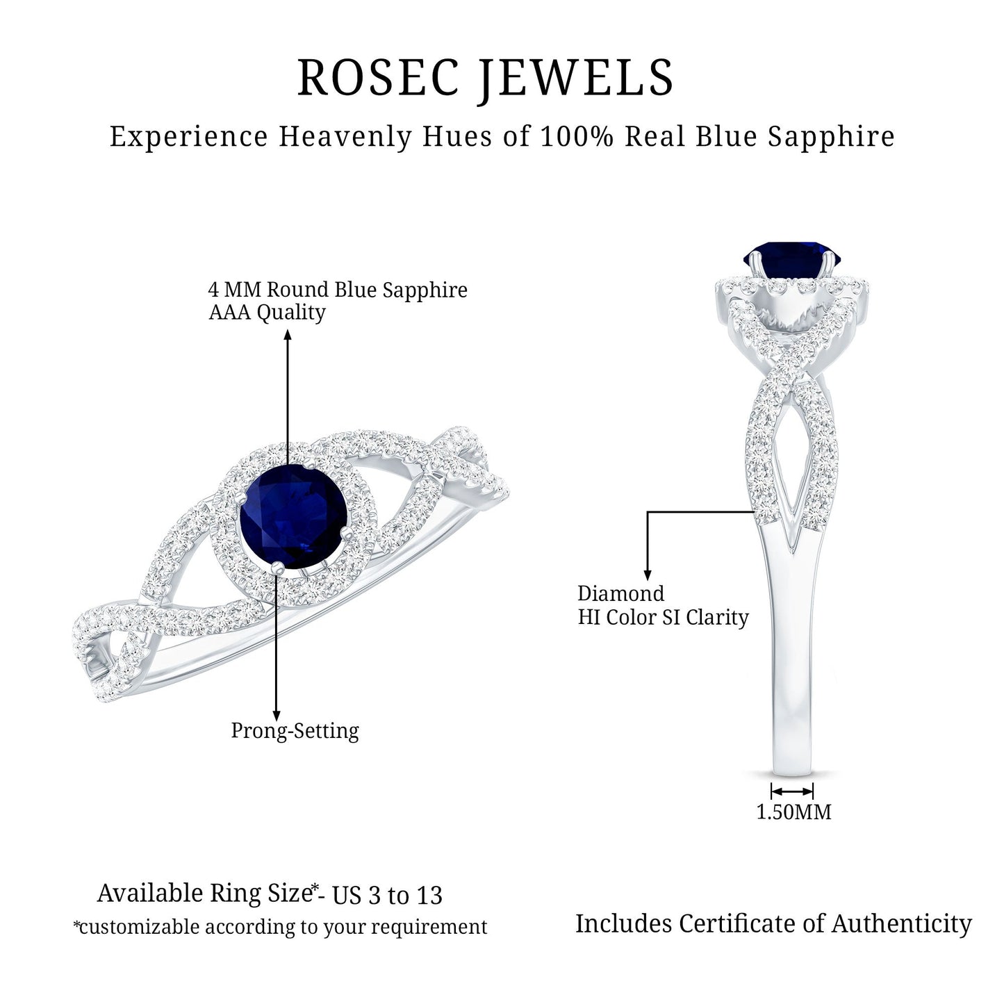 Criss Cross Shank Blue Sapphire and Diamond Halo Engagement Ring