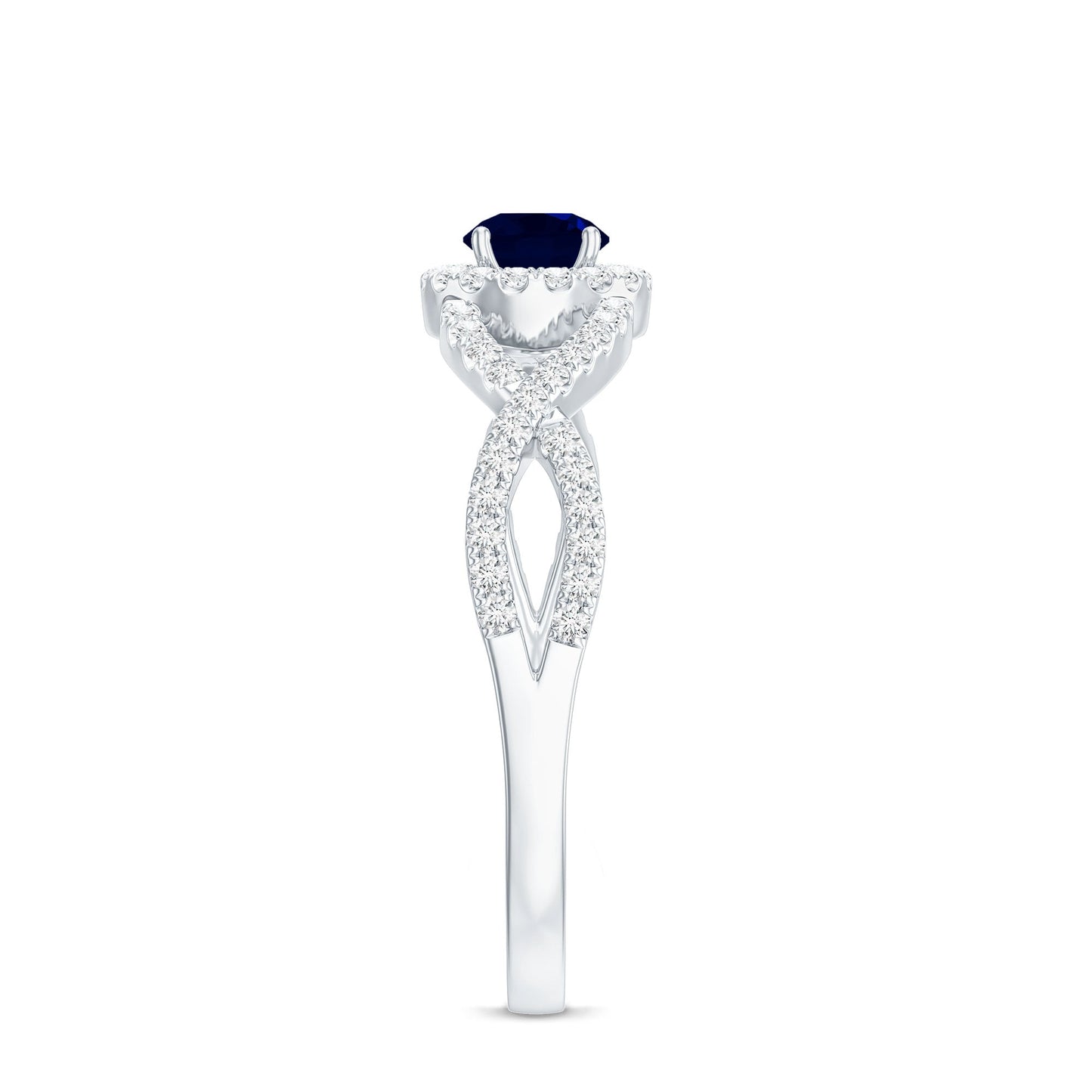 Criss Cross Shank Blue Sapphire and Diamond Halo Engagement Ring