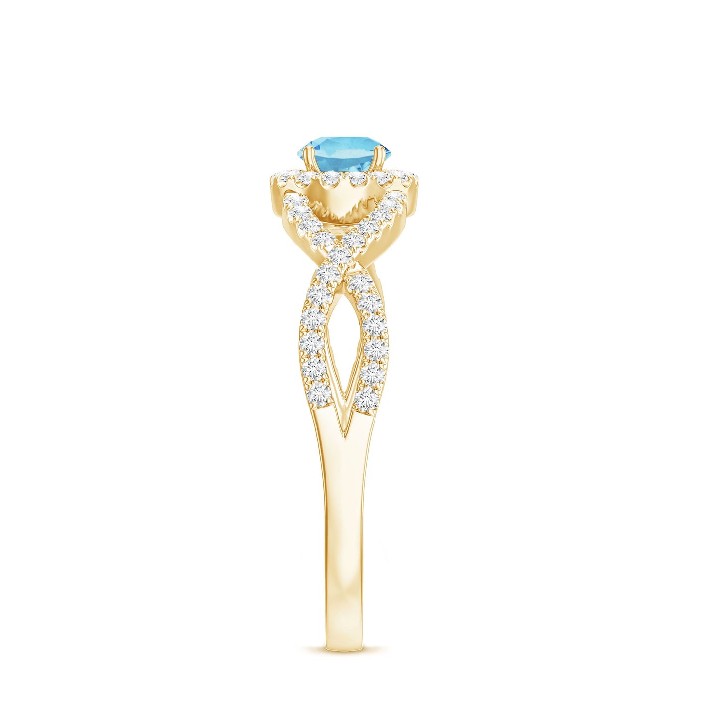 Real Aquamarine Criss Cross Engagement Ring with Diamond Halo