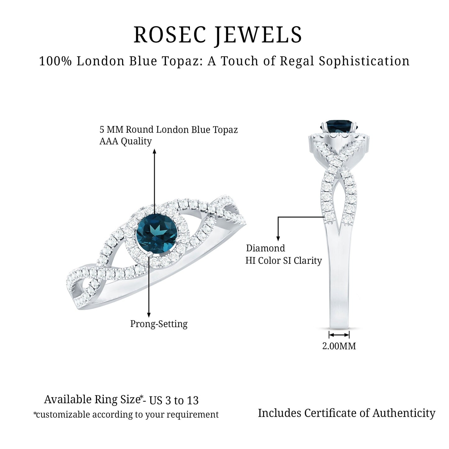 London Blue Topaz Crossover Engagement Ring with Diamond Halo