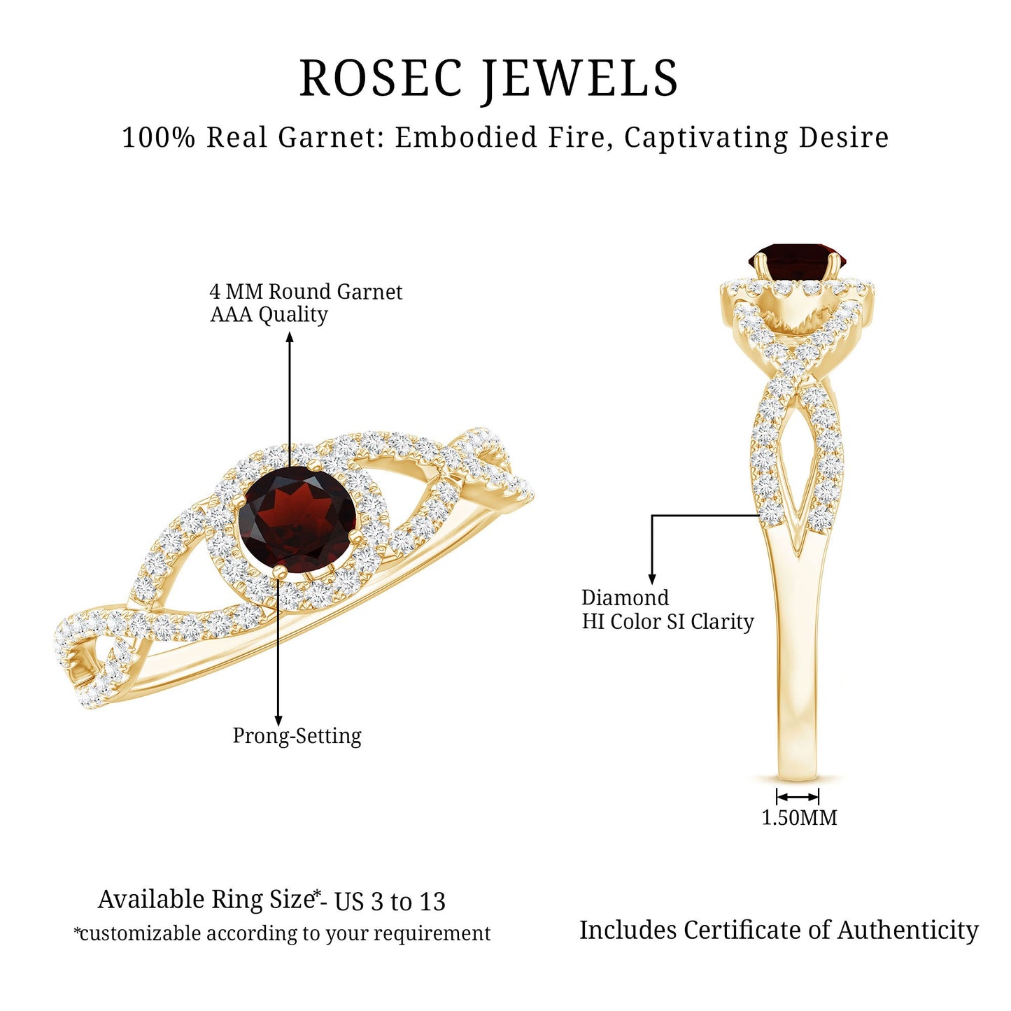 Natural Garnet Engagement Ring with Diamond Criss Cross Shank