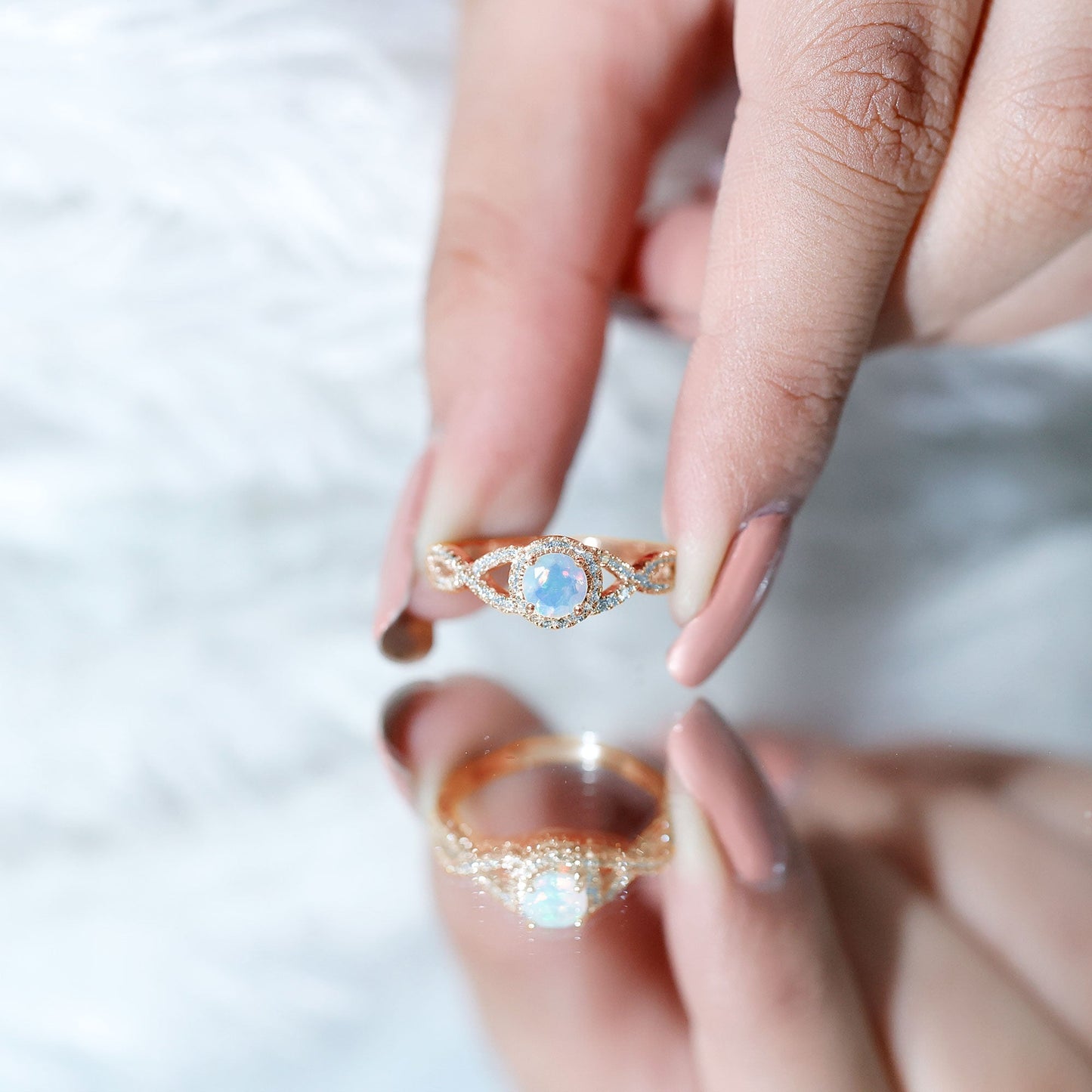 Natural Ethiopian Opal Diamond Engagement Ring with Criss Cross Shank