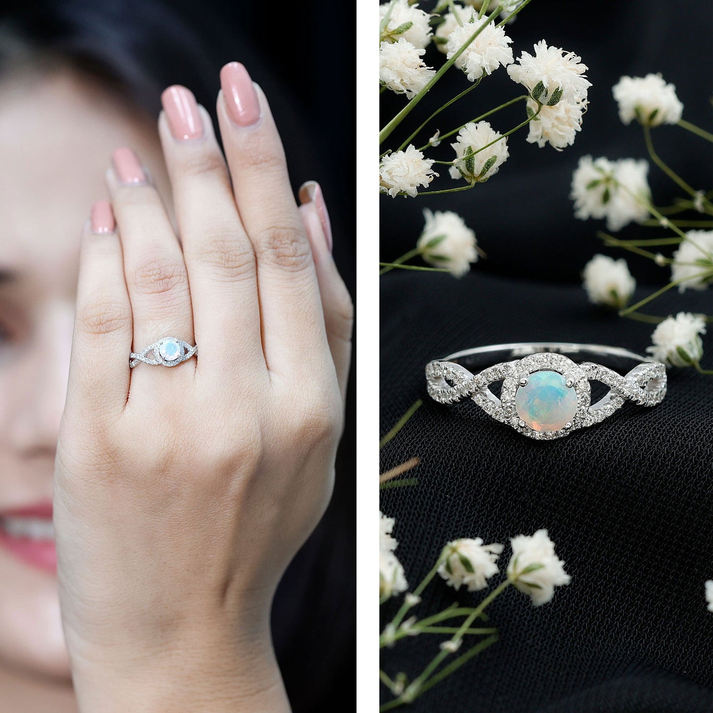 Natural Ethiopian Opal Diamond Engagement Ring with Criss Cross Shank