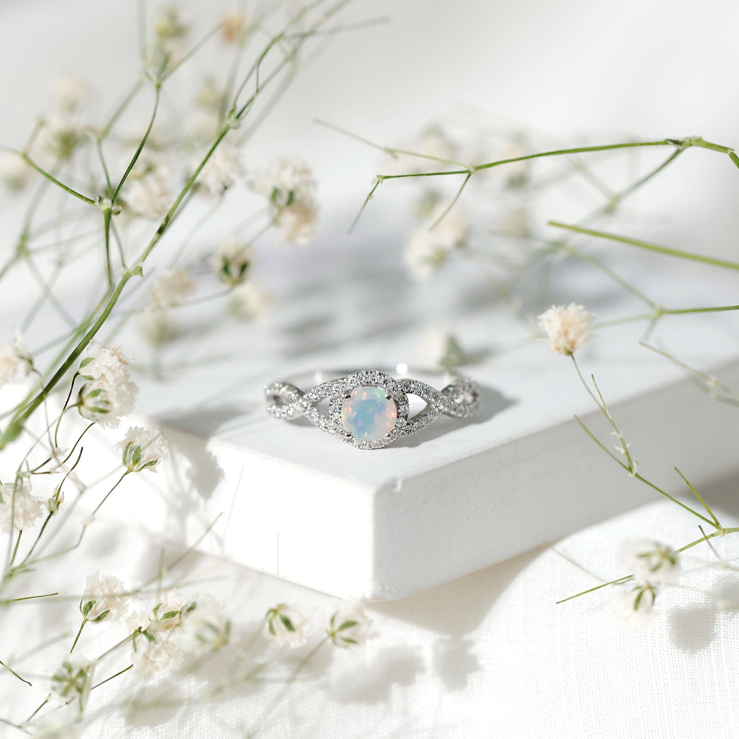 Natural Ethiopian Opal Diamond Engagement Ring with Criss Cross Shank