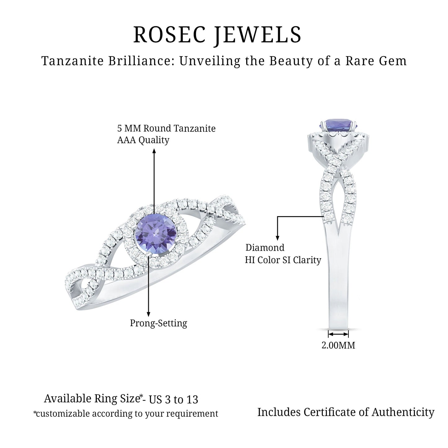 Real Tanzanite Engagement Ring with Diamond Criss Cross Shank