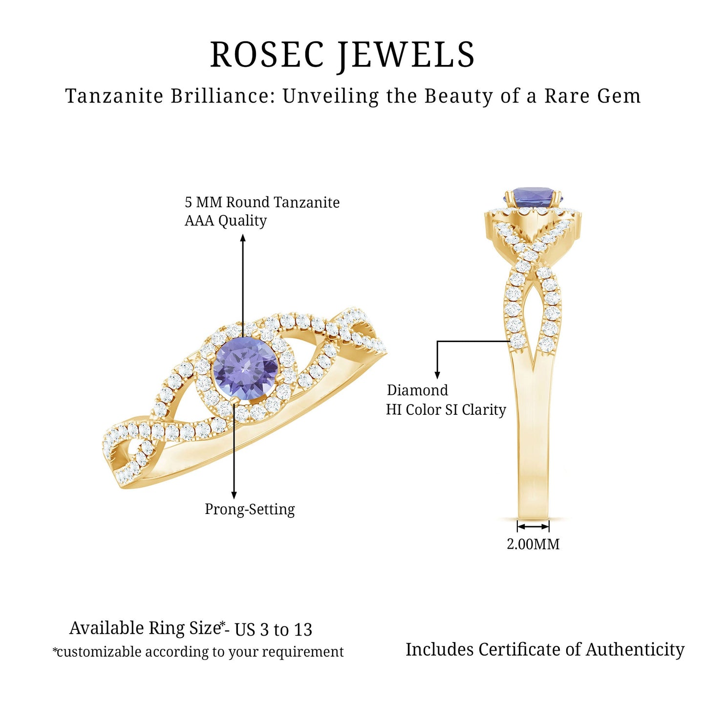 Real Tanzanite Engagement Ring with Diamond Criss Cross Shank