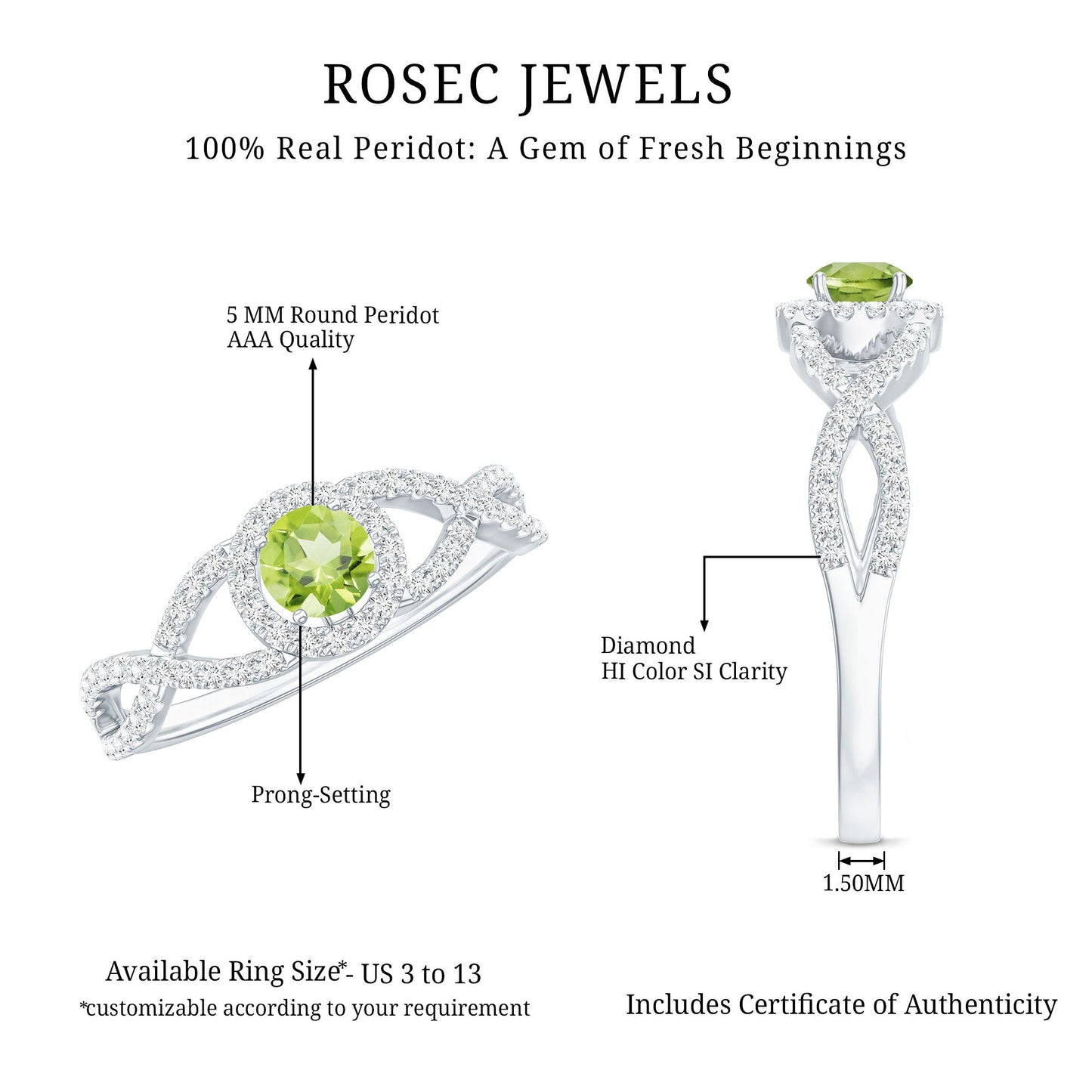 Natural 0.5 Carat Peridot Engagement Ring with Diamond Criss Cross Shank