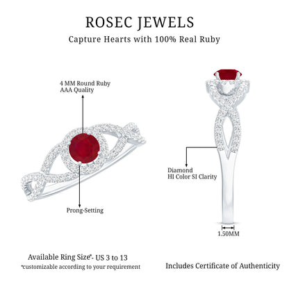 Genuine Ruby Engagement Ring with Diamond Criss Cross Shank