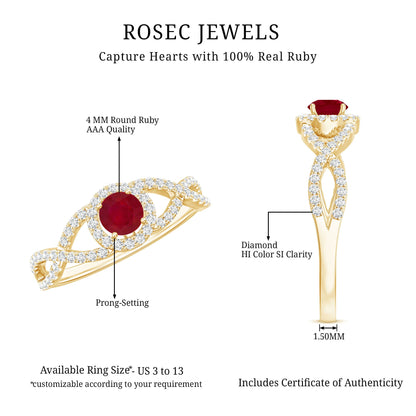 Genuine Ruby Engagement Ring with Diamond Criss Cross Shank