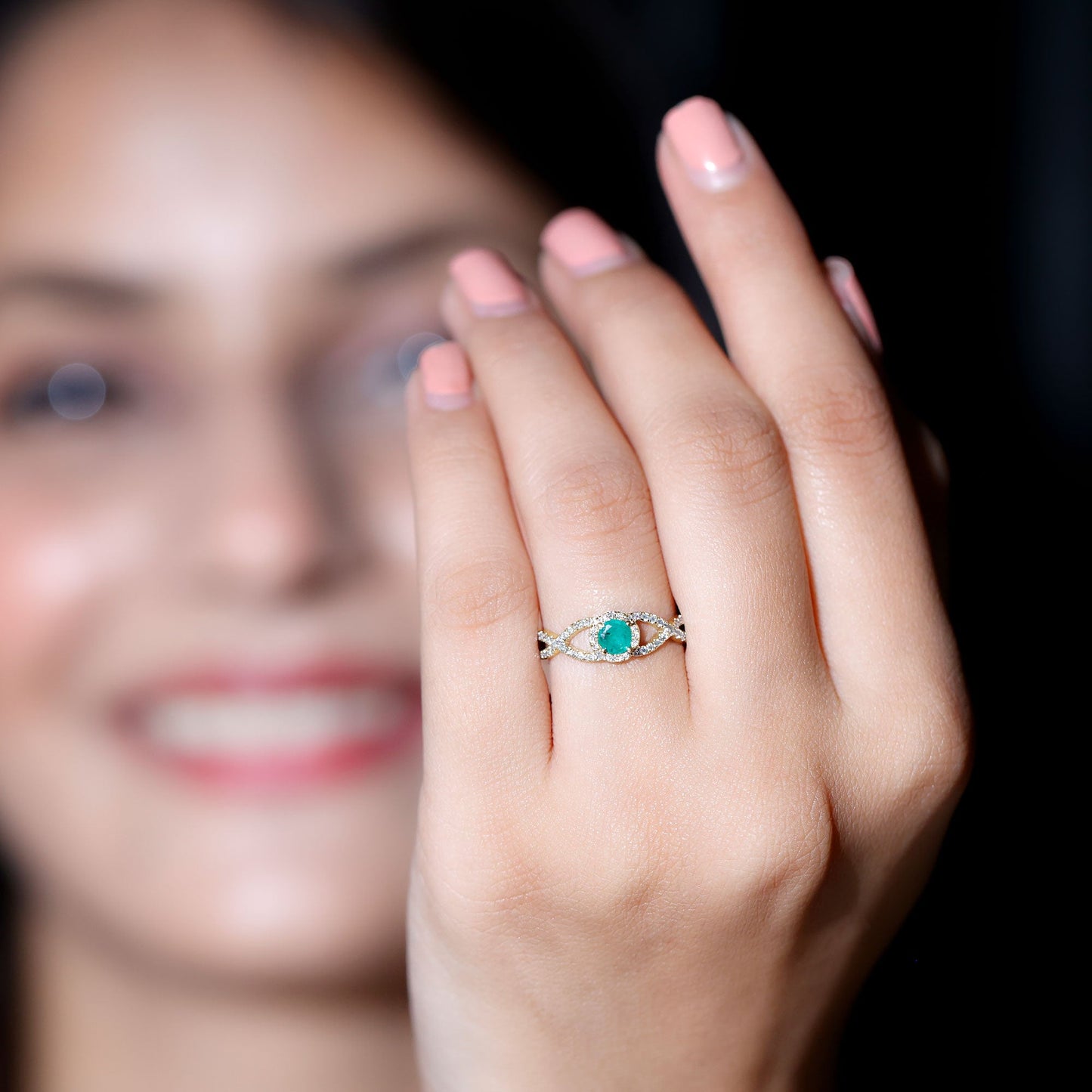 Real Emerald and Diamond Criss Cross Engagement Ring