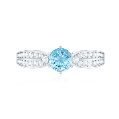 Real Aquamarine Elegant Engagement Ring with Diamond Side Stones