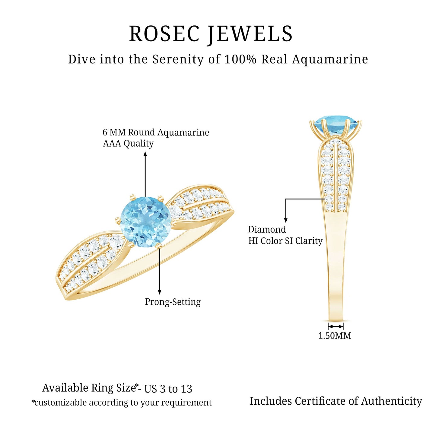 Real Aquamarine Elegant Engagement Ring with Diamond Side Stones