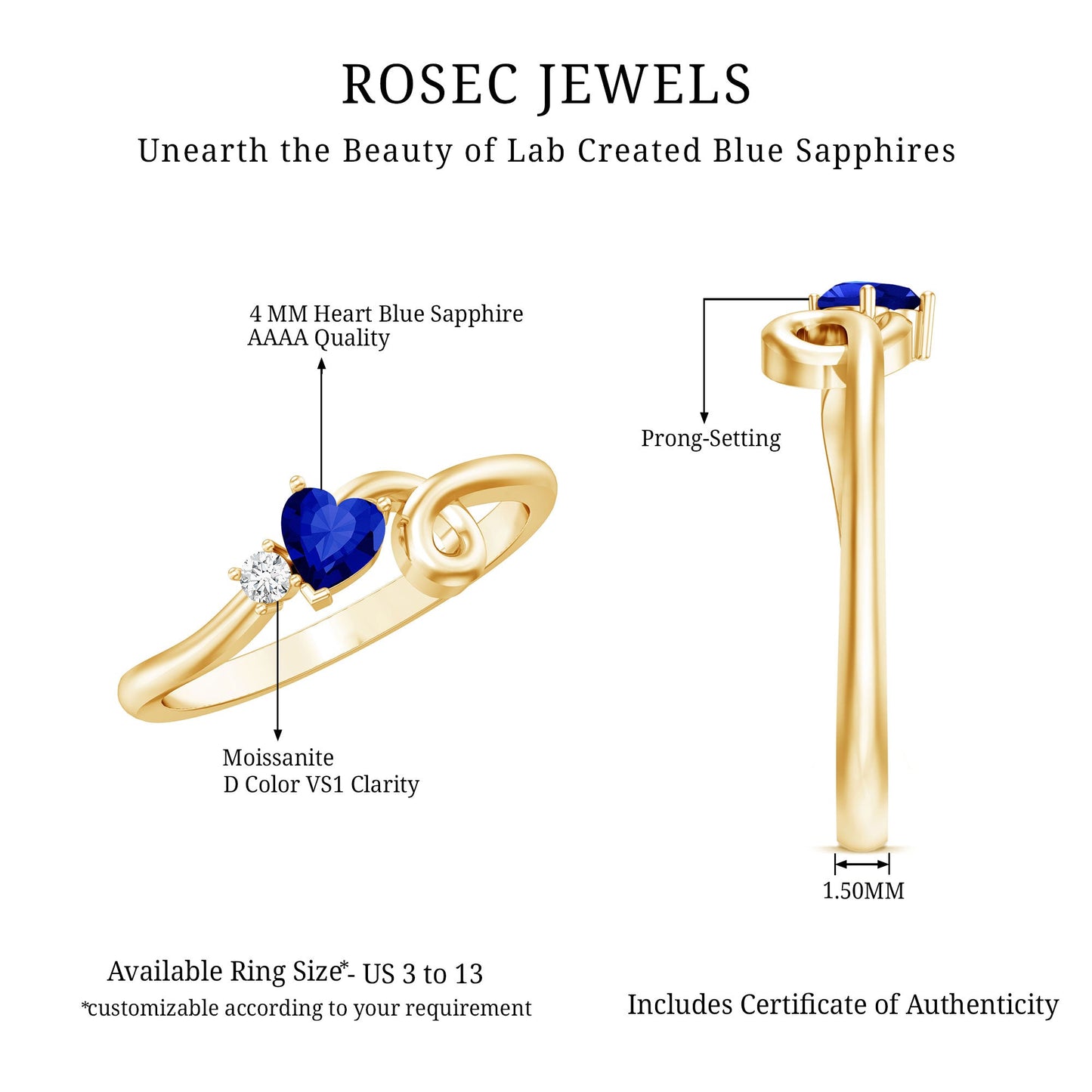 Certified Lab Grown Blue Sapphire Twisted Heart Promise Ring