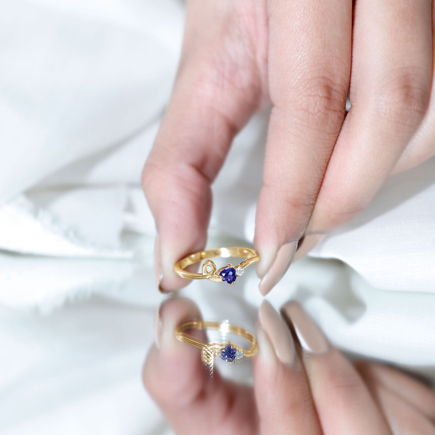 Certified Lab Grown Blue Sapphire Twisted Heart Promise Ring