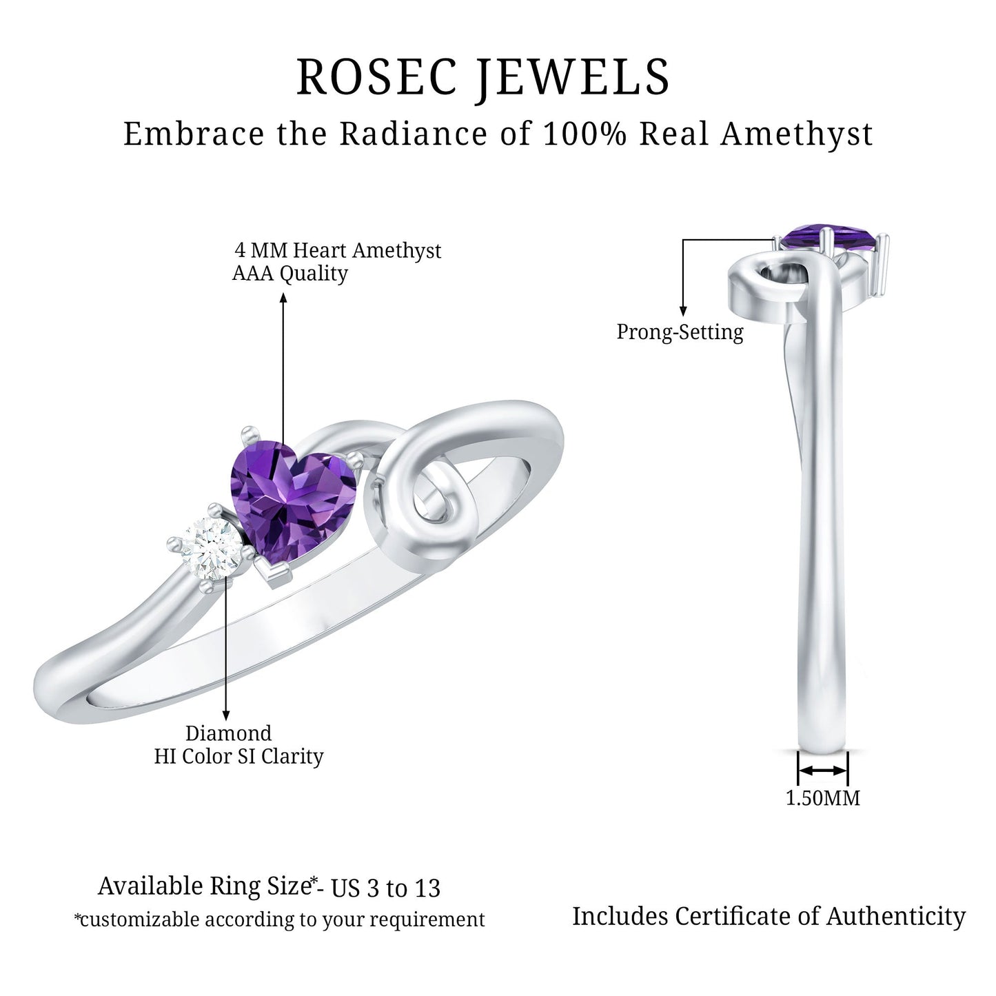 Heart Shape Real Amethyst and Diamond Twisted Promise Ring