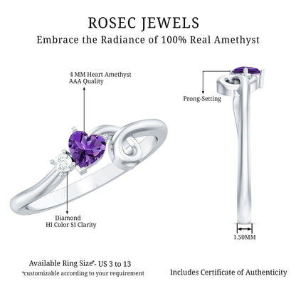 Heart Shape Real Amethyst and Diamond Twisted Promise Ring