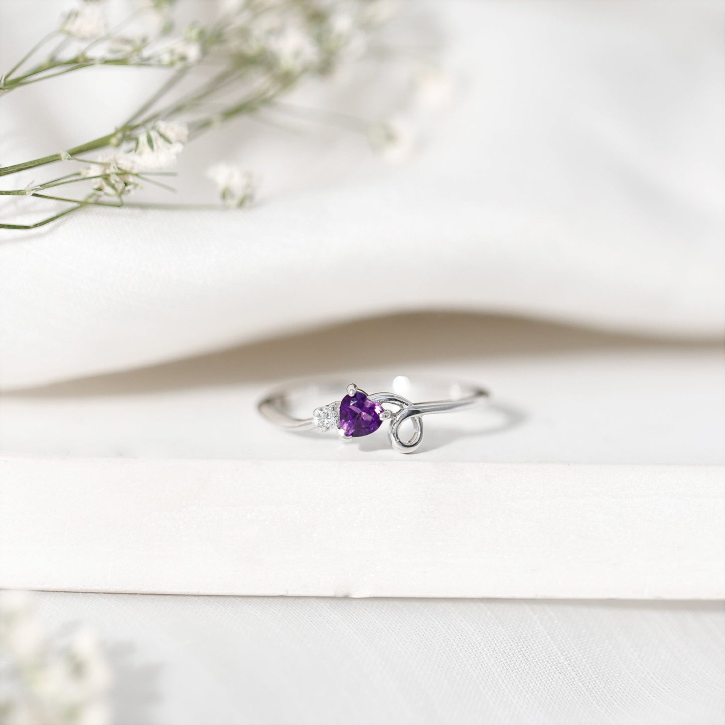 Heart Shape Real Amethyst and Diamond Twisted Promise Ring