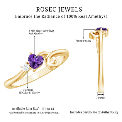 Heart Shape Real Amethyst and Diamond Twisted Promise Ring