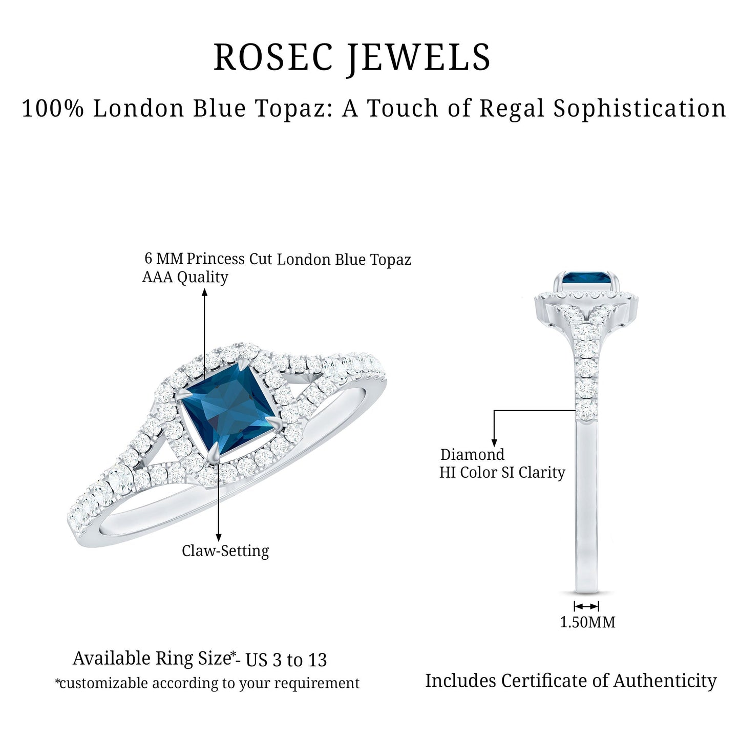 1 Carat Princess Cut London Blue Topaz Engagement Ring with Diamond Split Shank