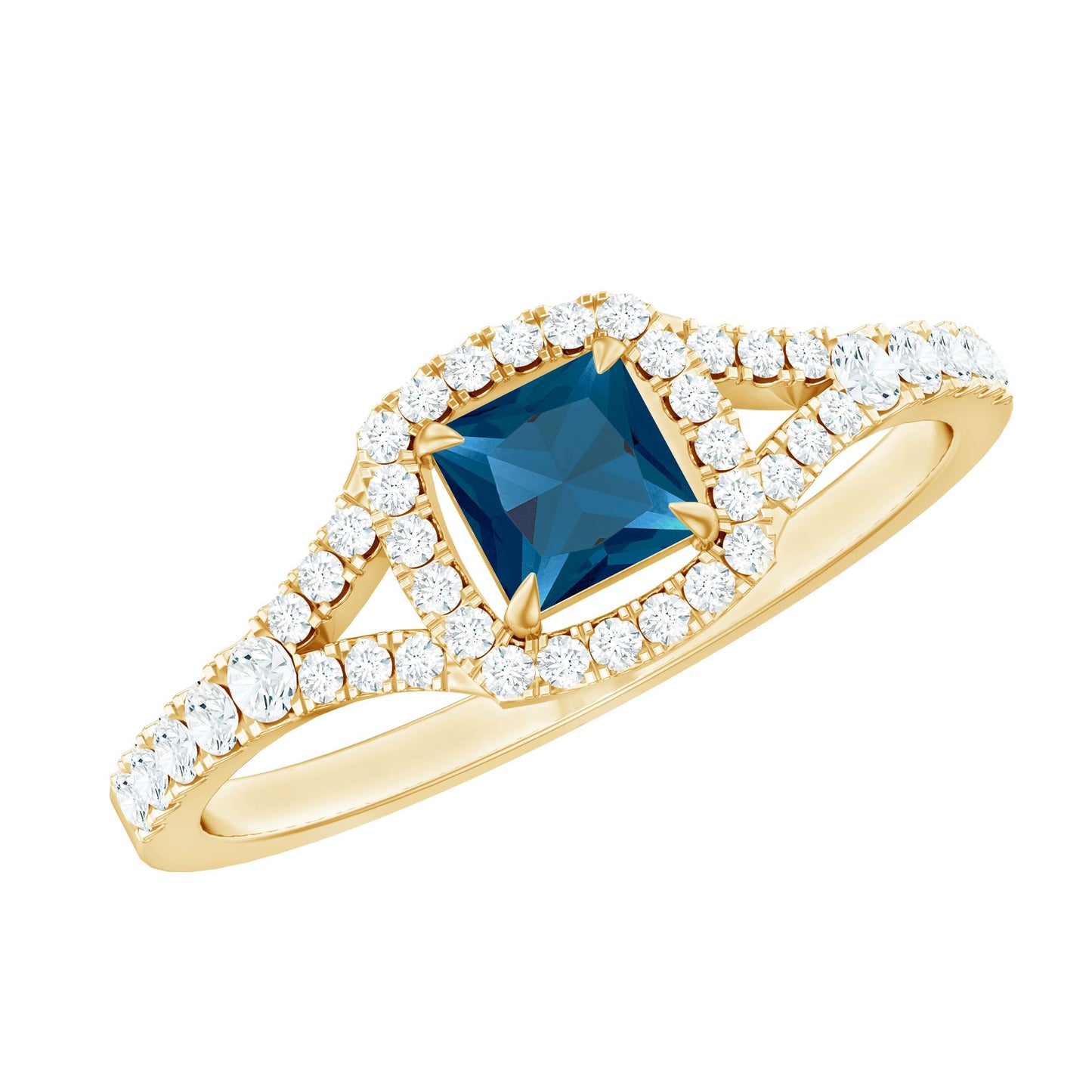 1 Carat Princess Cut London Blue Topaz Engagement Ring with Diamond Split Shank