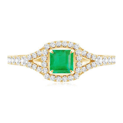 Princess Cut Emerald Engagement Ring with Diamond Split Shank