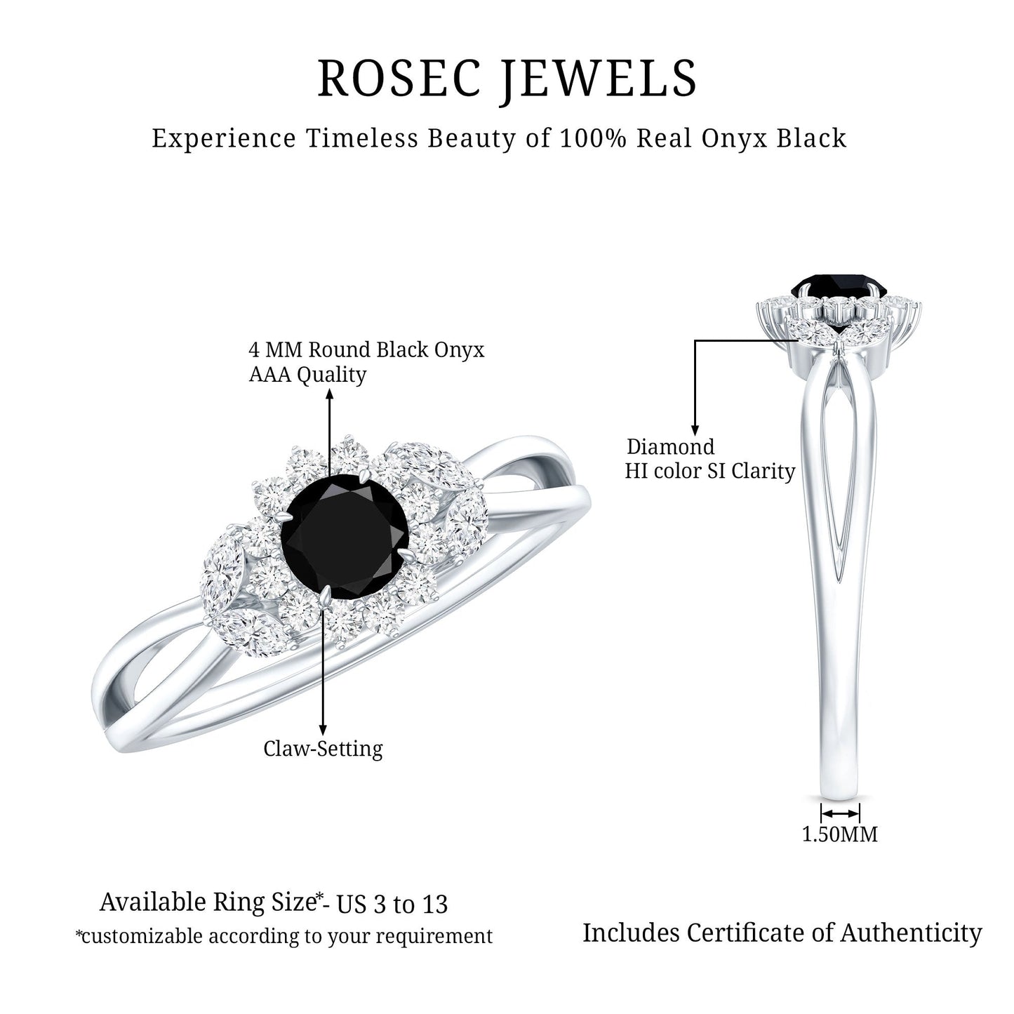 Natural Black Onyx and Diamond Floral Engagement Ring