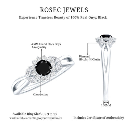 Natural Black Onyx and Diamond Floral Engagement Ring