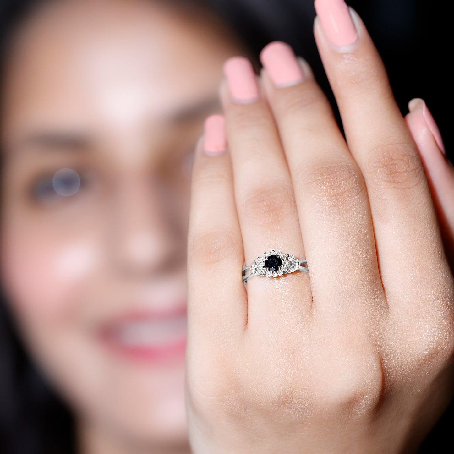 Natural Black Onyx and Diamond Floral Engagement Ring