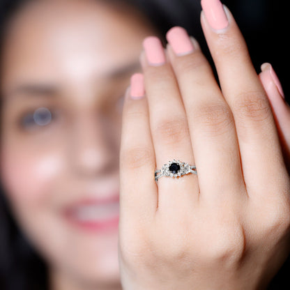Natural Black Onyx and Diamond Floral Engagement Ring