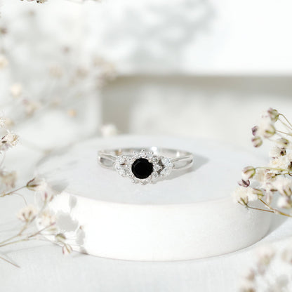 Natural Black Onyx and Diamond Floral Engagement Ring