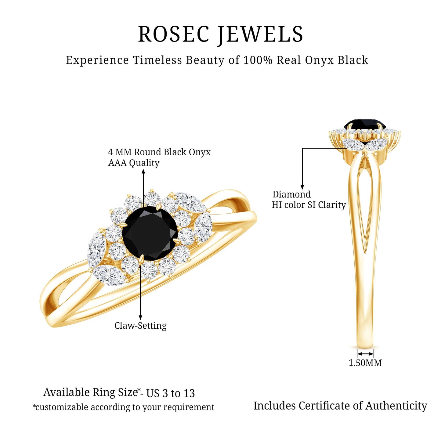 Natural Black Onyx and Diamond Floral Engagement Ring