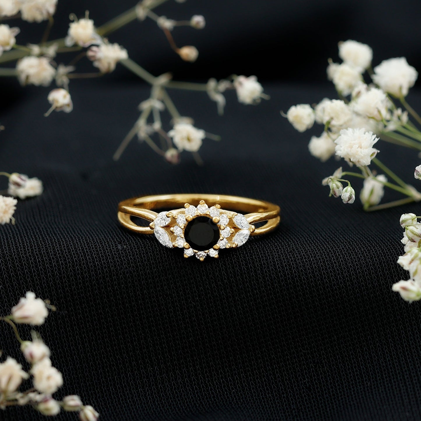 Natural Black Onyx and Diamond Floral Engagement Ring