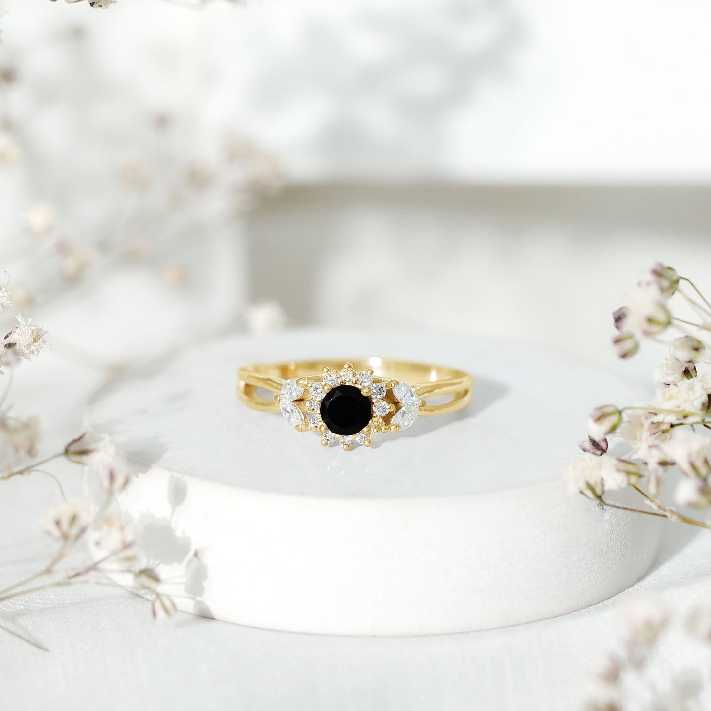 Natural Black Onyx and Diamond Floral Engagement Ring