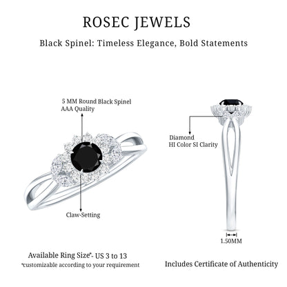 Nature Inspired Black Spinel Flower Engagement Ring with Diamond