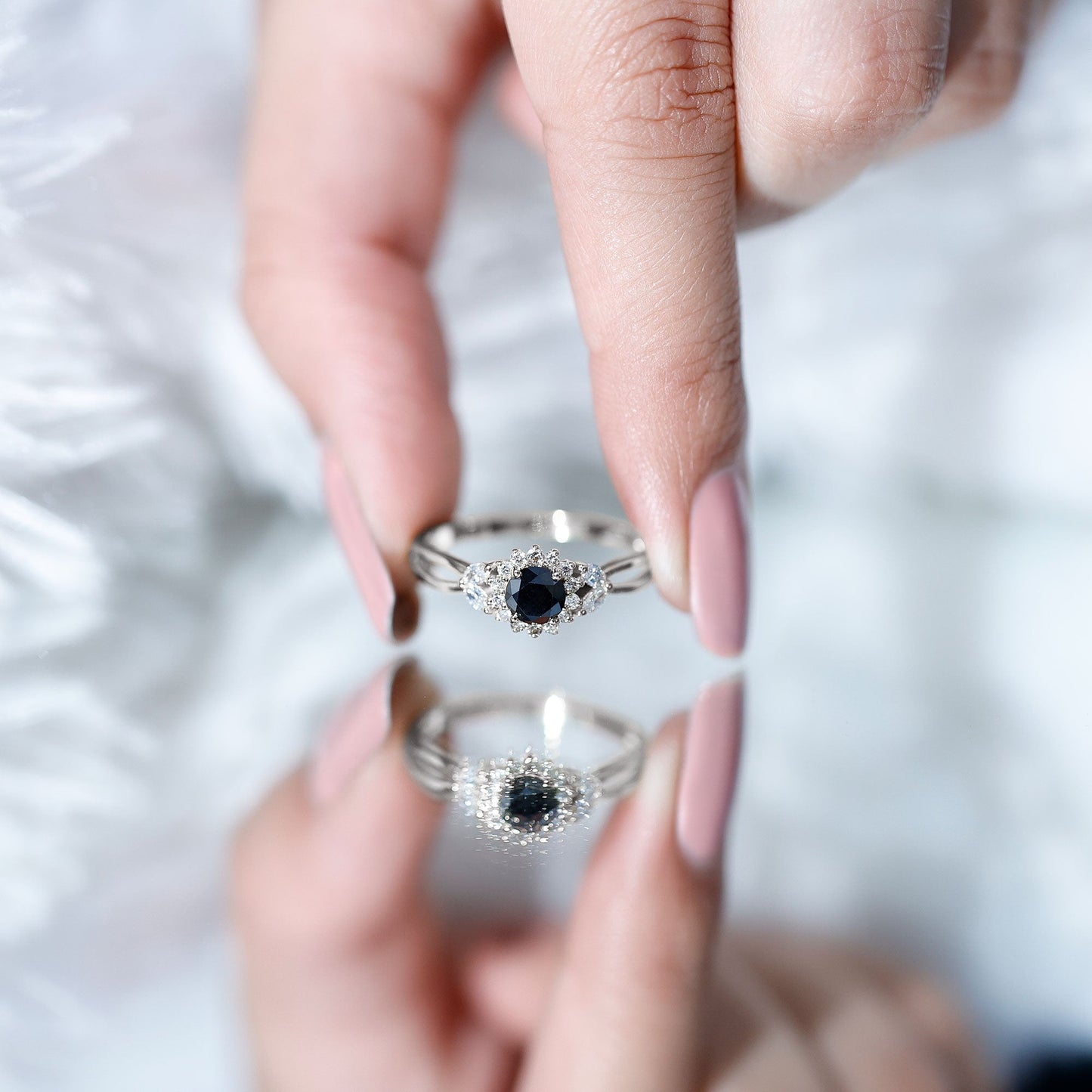 Nature Inspired Black Spinel Flower Engagement Ring with Diamond